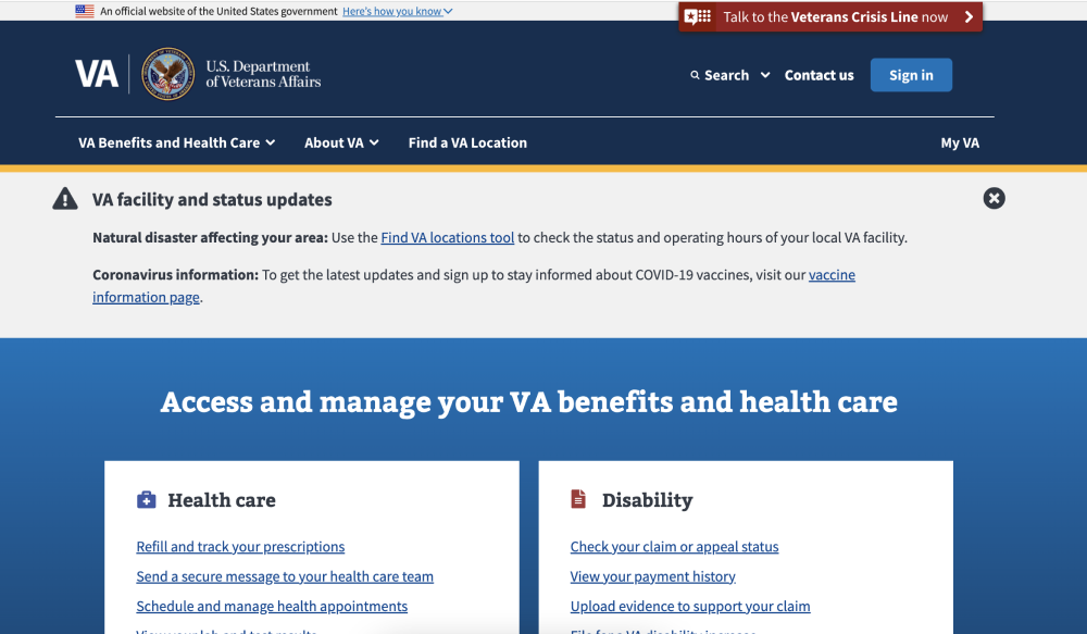 Screenshot of the VA website
