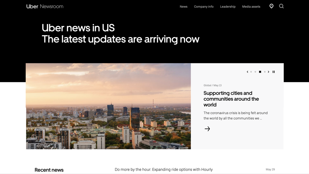 Screen shot representing Uber Newsroom